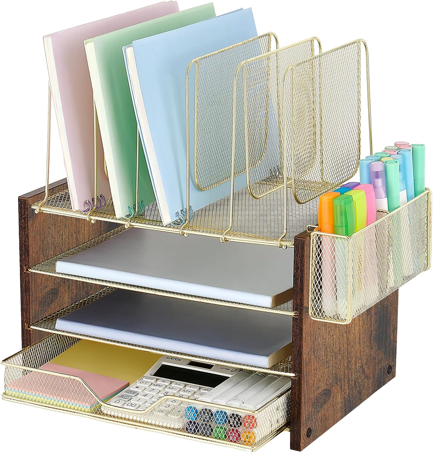 Gold Desk Organizers and Accessories,4-Tier Desktop File Organizer with Drawer, Wood Paper Organizer with 5 Vertical File Holders and Pen Holder for Office Supplies