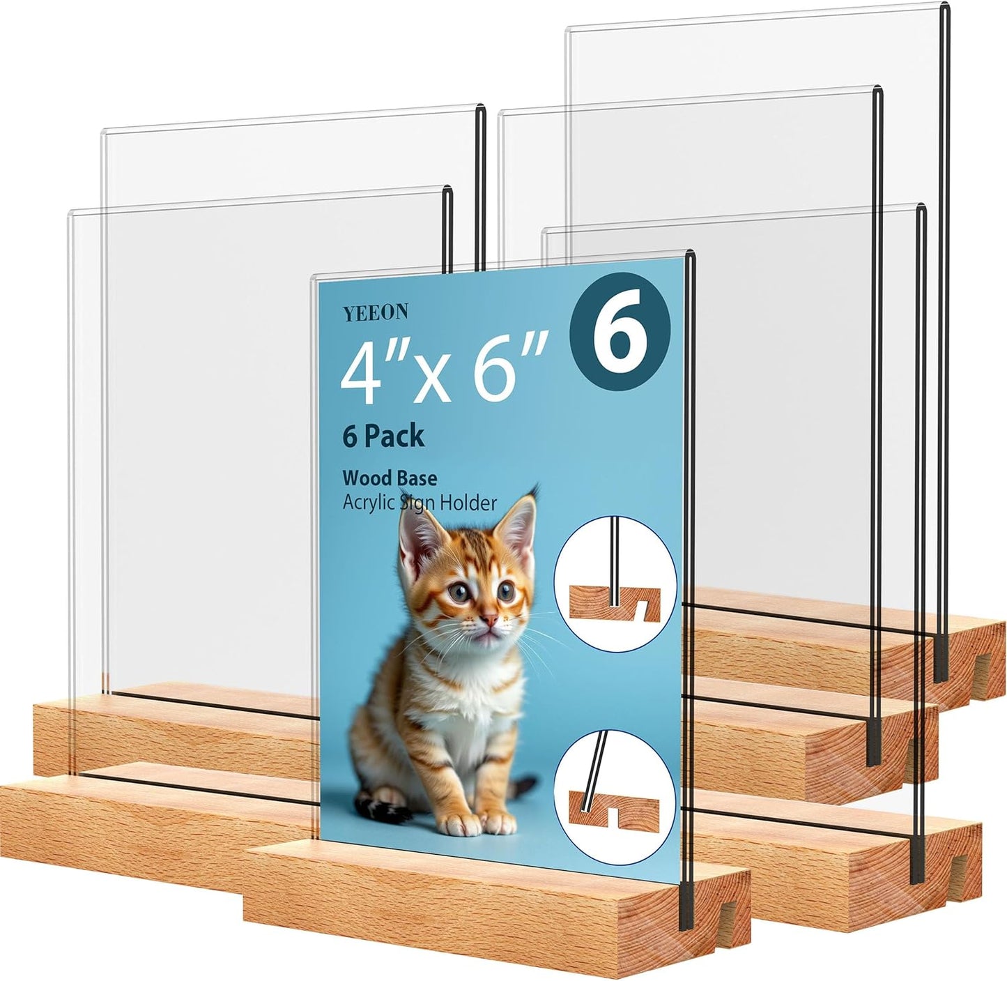 Acrylic Sign Holder with Wooden Base, Desktop Display Stand (4x6 6Pack)