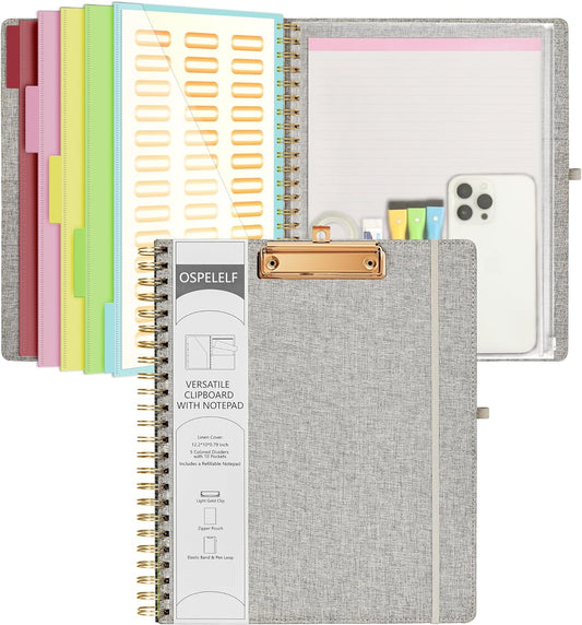 Ospelelf Foldable Spiral Clipboard Folio with Storage Zipper Pouch, 5 Plastic Folders with 10 Pockets,Refillable Lined Notepad (11" x 8.5"), Hardcover Project Organizer with 39 Stickers (Grey)